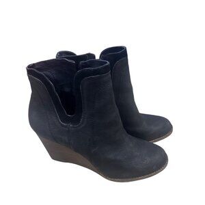 Lucky Brand Yenata Black Suede Leather Wedge Ankle Boots 10M Zip Western Boho